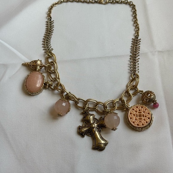 Rose Quartz, Pink Lace Agate, Coral Stone & Brass Gold Brass Pink Charm Necklace - Picture 16 of 17
